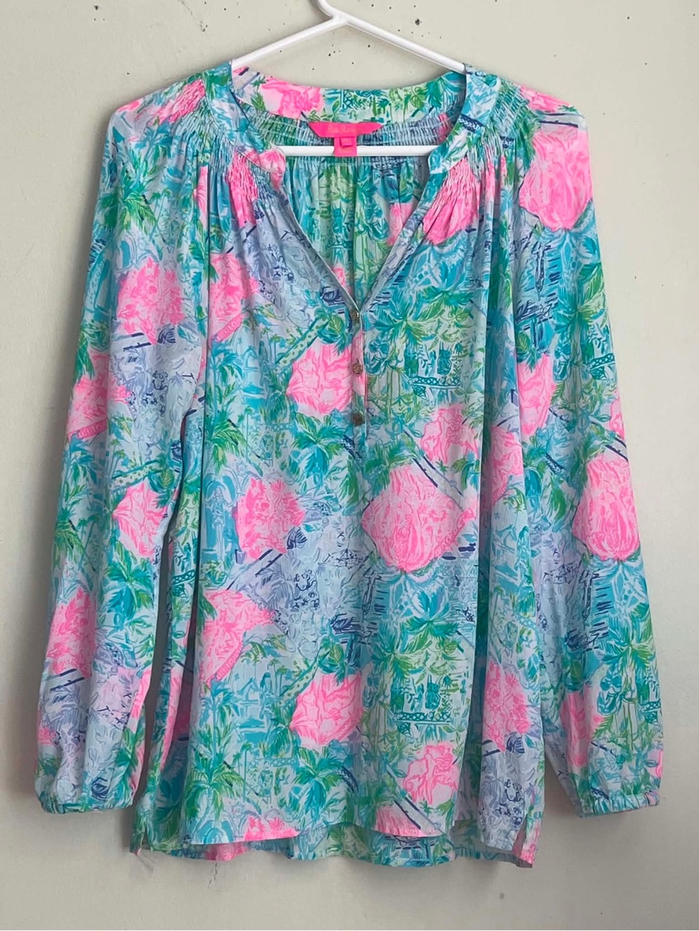 Lilly Pulitzer Aqua & Hot Pink Floral Silk Blouse
